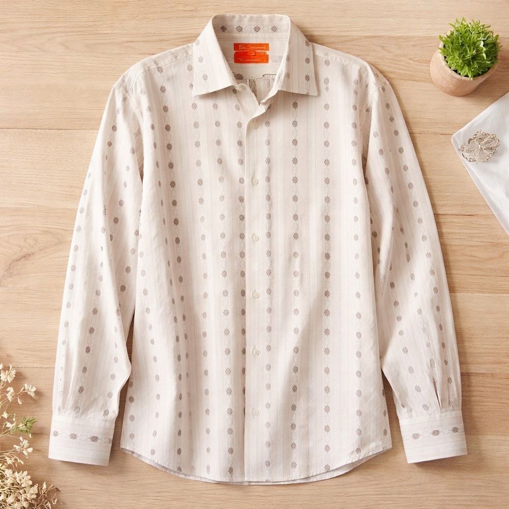 Ben Sherman 4 Mens XL Striped Western Style Button Down Shirt Cream Tan NEW